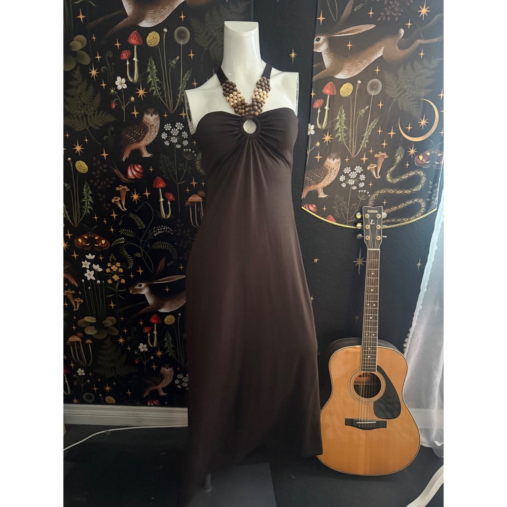 C. Graffiti Brown Maxi Dress Wooden Beaded Halter O-Ring Open Back Boho USA Made